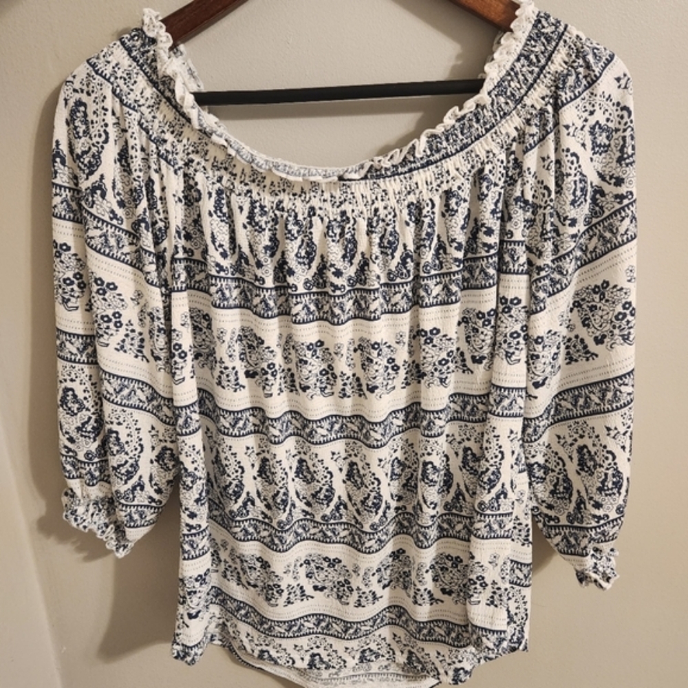 NWT Melloday women’s white and blue off shoulder half sleeve boho top - Picture 12 of 12